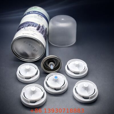 Valvula dispensadora de aerosol de una pulgada con actuador de plastico y boquilla ajustable para aplicaciones de spray desodorante